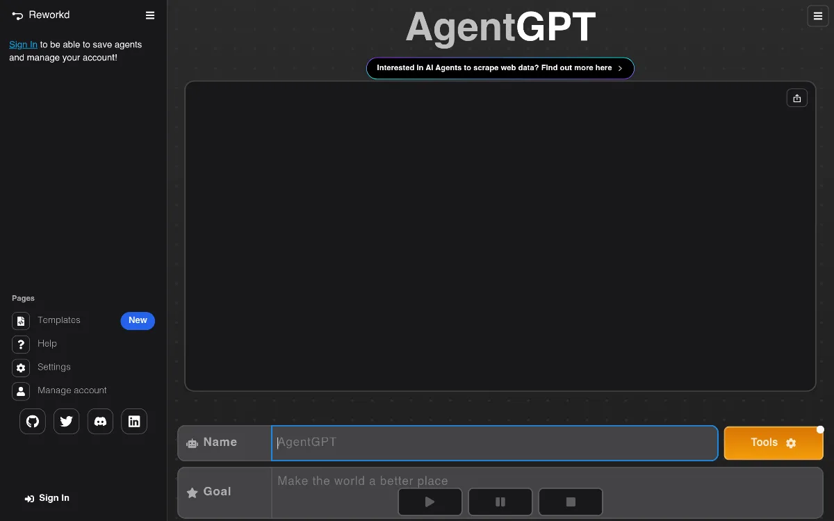 AgentGPT tool dashboard interface screenshot 1
