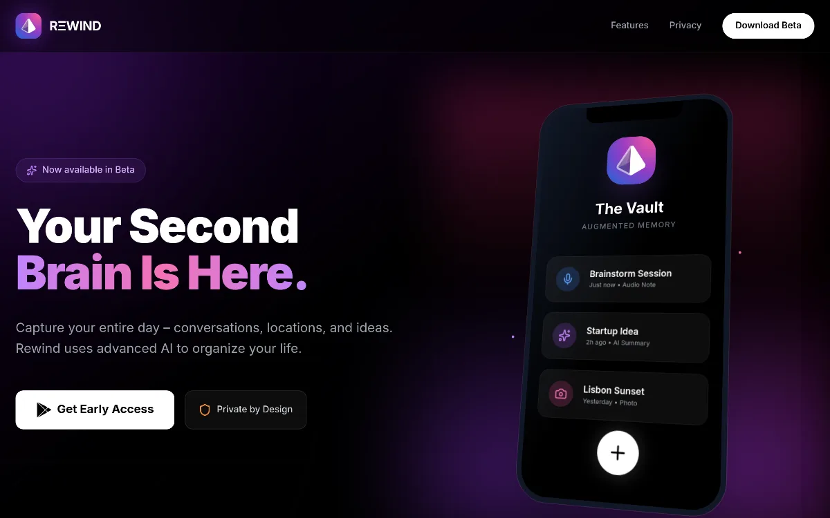Rewind AI tool dashboard interface screenshot 1