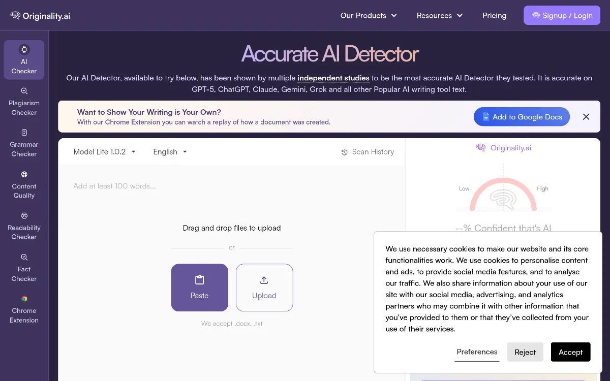 Originality AI tool dashboard interface screenshot 1