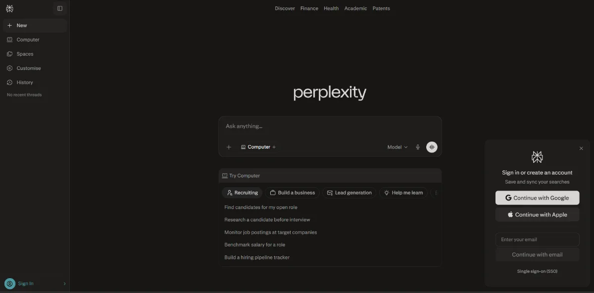 Perplexity AI tool dashboard interface screenshot 1
